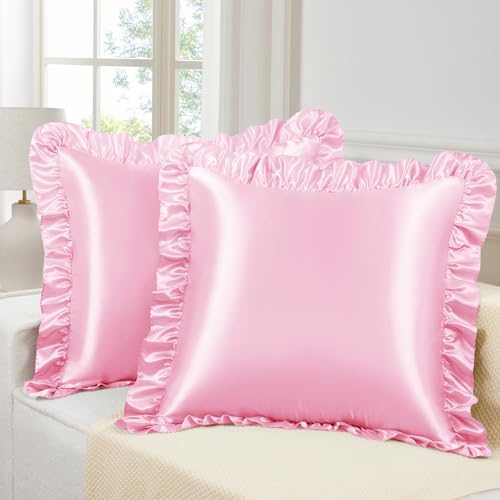 Pink Ruffle Satin Pillow Covers, 18x18 Inch Set of 2, Envelope Closure