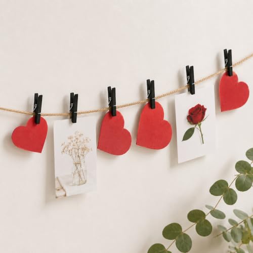 VAKTX Black Mini Clothespins with Jute Twine, 100pcs Small Wood Photo Clips