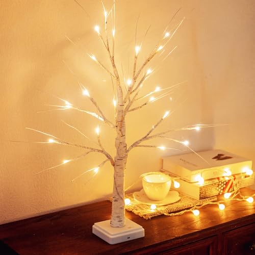 Lighted Mini Birch Tree Christmas Decoration 2ft White with USB & Timer