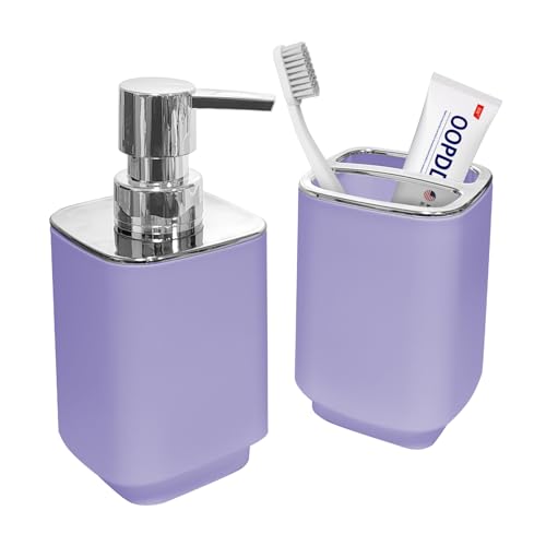 2Pcs Lavender Bathroom Accessory Set, Square Soap Dispenser & Holder
