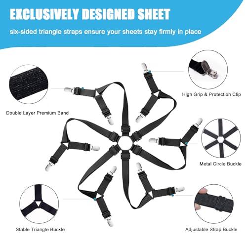 OPPKEPT Adjustable Bed Sheet Holder Straps - 6-Sided Triangle Fasteners