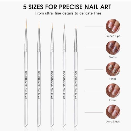 BOLOBLMEE 5PCS Nail Liner Brushes Set - Ultra-Fine Detail Nail Art Brushes with Crystal Clear Handle