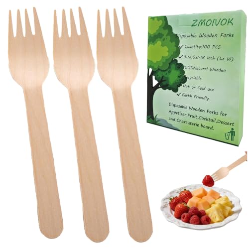100 Biodegradable Wooden Forks - 6 Inch Disposable Utensils for Parties
