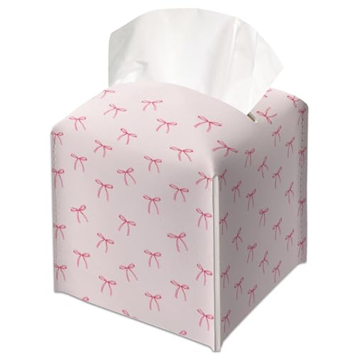 Pink Ribbon Bow Square Tissue Box Cover - Preppy Decorative Leather Holder