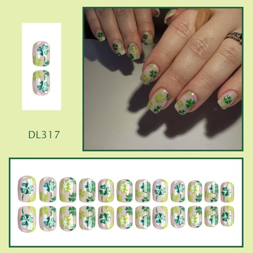 St. Patrick's Day Press on Nails Short Square French False Nails Green Shamrock