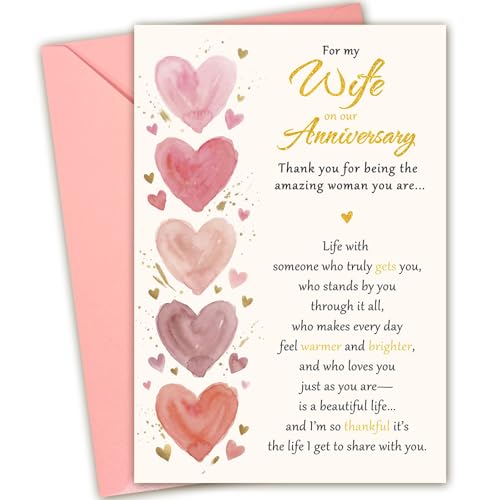 BRYUBR Romantic Watercolor Heart Anniversary Card for Wife from Husband - 8x5.3 Inches with Envelope & Sticker