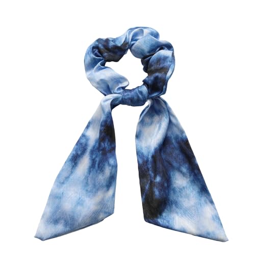 Satin Hair Scarf Scrunchie Blue Vintage Oil Painting Bow
