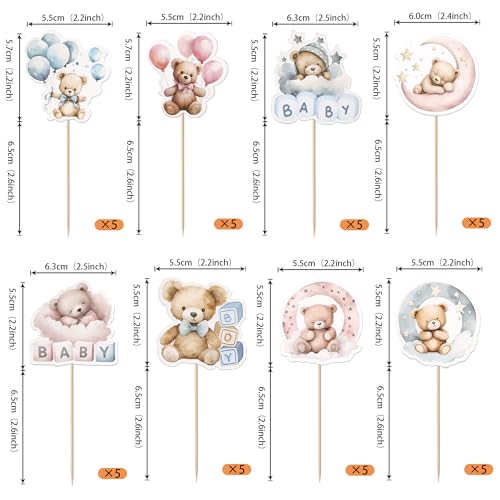 40 Pack Baby Bear Cupcake Toppers for Gender Reveal & Birthdays