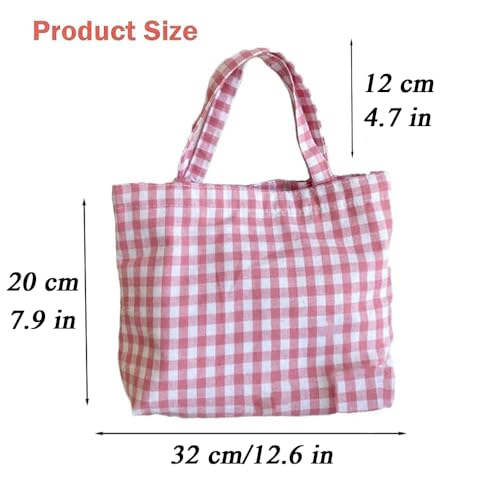 Joyhey Pink Plaid Canvas Tote Bag - Small 7.9" x 12.6" Grocery Beach Bag