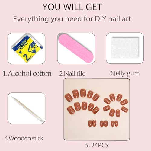 WAFOLOZE Caramel Short Square Press on Nails Glossy False Nails Kit