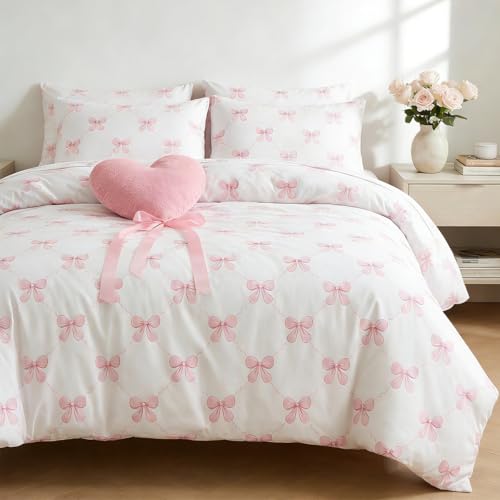 Twin Pink Bow Duvet Cover Set - Reversible & Soft