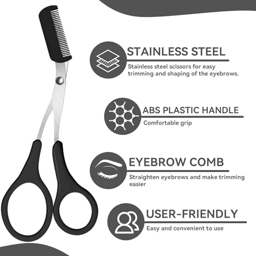 Eyebrow Trimmer Scissors with Comb - Black Non-Slip Precision Brow Grooming Tool