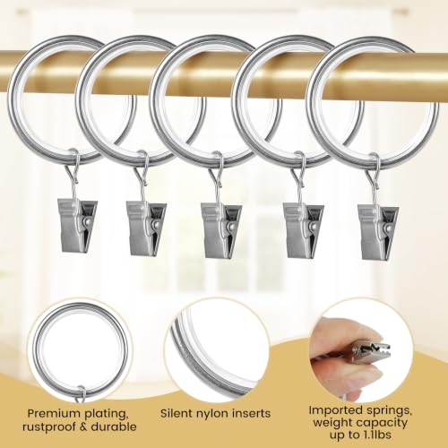 40-Pack Silent Curtain Rings with Clips - Rustproof Aluminum Alloy, 1.08in Diameter