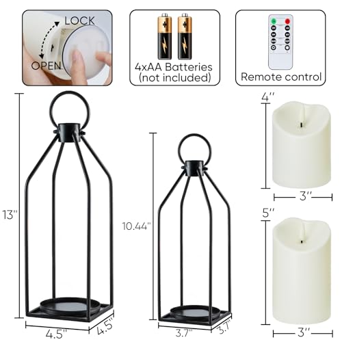 Black Metal Lanterns with Flameless Candles - 2PCS Farmhouse Decor