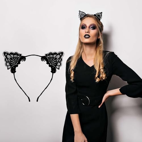 WLLHYF Black Lace Cat Ear Headband 2 Pcs Costume Hair Accessory