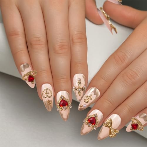 Bratrico 40PCS Gold Nail Charms Set Y2K Baroque 3D Gems with Red Rhinestones