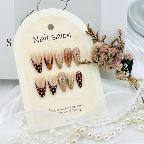 French Tip Press on Nails Medium Almond Brown Fake Nails with 3D Bows