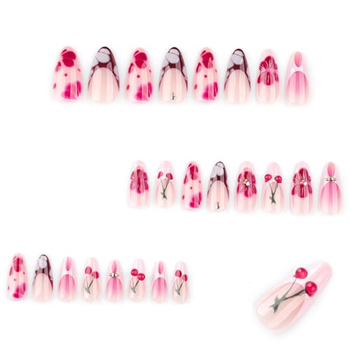 3D Cherry Blossom Press On Nails Rhinestone Almond False Nails Kit