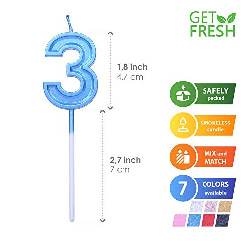 Elegant Blue Number 3 Birthday Candle for Cake Topper