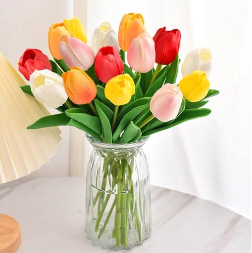 Colorful 15PCS Real Touch Artificial Tulips - 14" Silk Faux Flowers