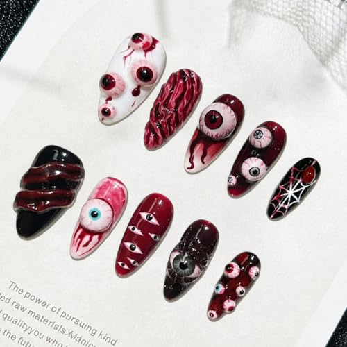 Halloween Press on Nails Medium Almond Fake Nails with 3D Bloody Eyeballs