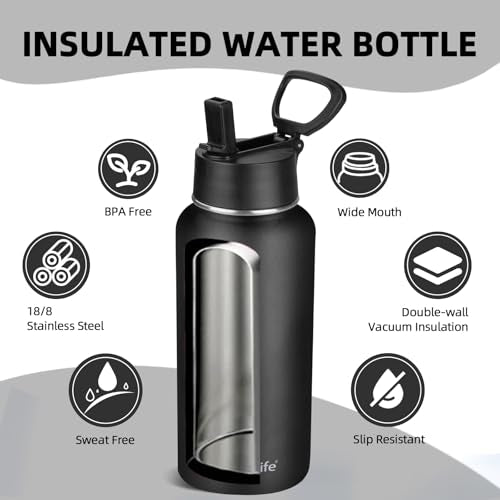 32 oz Insulated Stainless Steel Water Bottle with Straw - Black