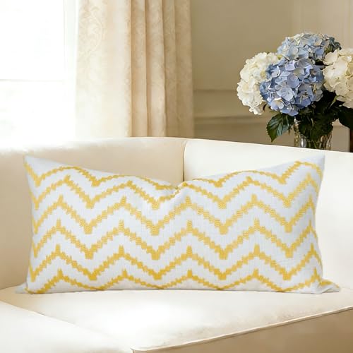 Slow Cow Embroidered Lumbar Pillow Cover 12x24 Inch - Yellow Gold Mountain