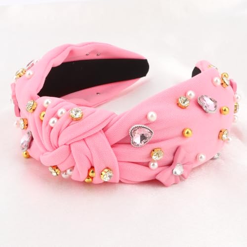 KIUEZIR Pink Knotted Rhinestone & Pearl Headband for Women