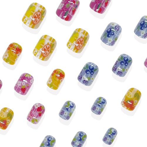 Fruit Press On Nails Short Square Cute Summer False Nails Floral Design