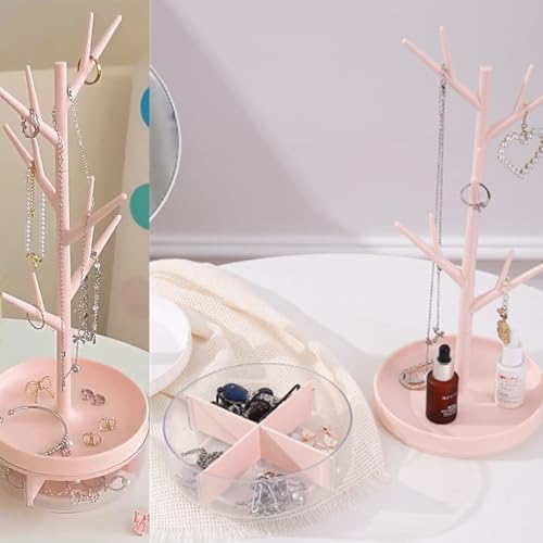 Pink Jewelry Display Stand with Rotatable Base & Storage Box