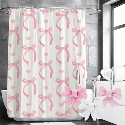 FYSUIMU 12Pcs Decorative Shower Curtain Hooks - Pink & White Bow