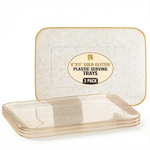 R-kay Gold Glitter Plastic Serving Trays 8x11 Inches, Pack of 3 – Heavy Duty Party Platters