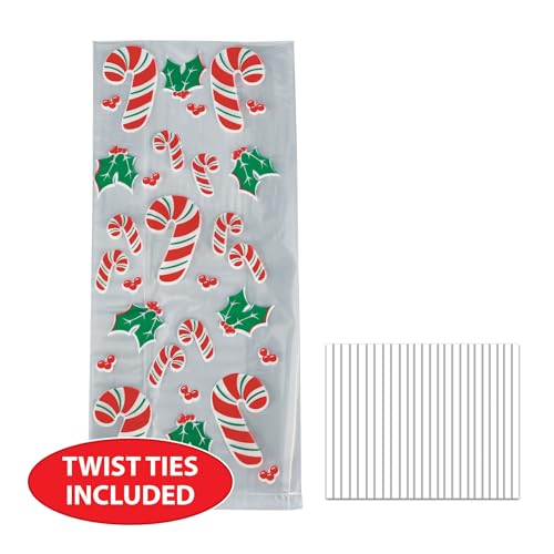 Beistle Candy Cane and Holly Cello Bags for Christmas Treats 25-Pack