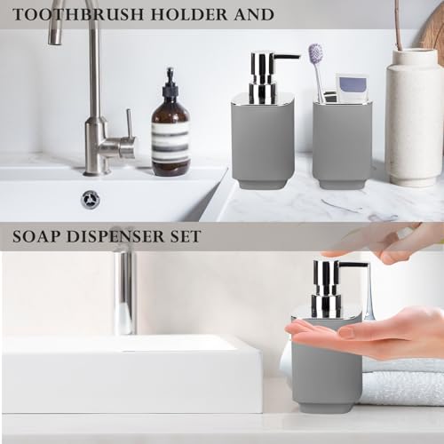 Grey Bathroom Accessories Set - 2 Pcs Soap Dispenser & Toothbrush Holder
