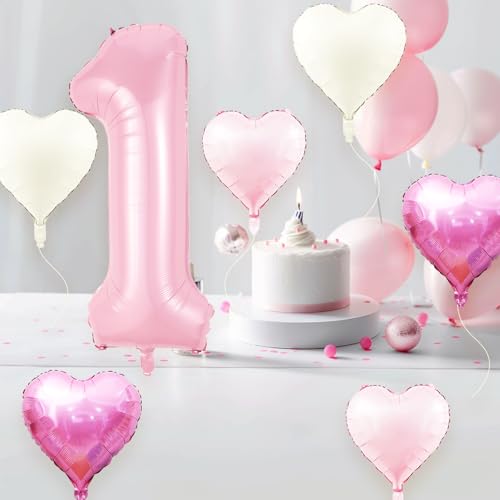 40-Inch Pink Number 1 Balloon Set with Heart Balloons for 1st Birthday