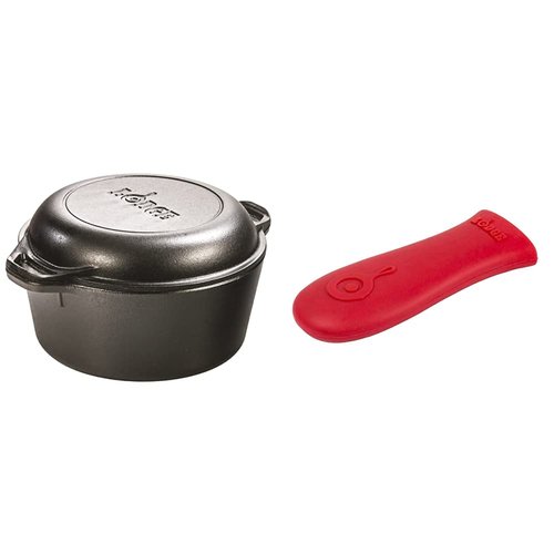 Lodge Pre-Seasoned Cast Iron Double Dutch Oven With Loop Handles, 5 qt & Silicone Hot Cast Iron Skillet Handle Holder, 5-5/8" L x 2", Red