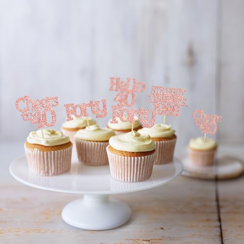 Ephlyn 24Pcs Rose Gold 40th Birthday Cupcake Toppers Glitter Picks