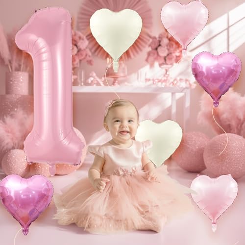 40-Inch Pink Number 1 Balloon Set with Heart Balloons for 1st Birthday