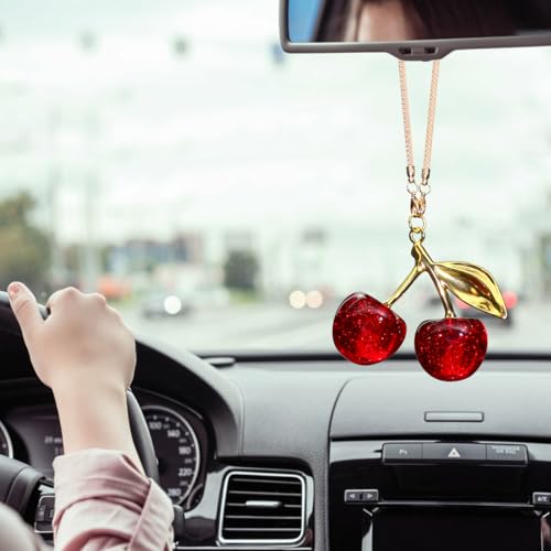 Briwill Cherry Rear View Mirror Charm - Silver & Red Car Accessories for Women, Gold & Red Variation