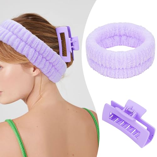 Purple Spa Headband and Wristbands Set for Face Washing