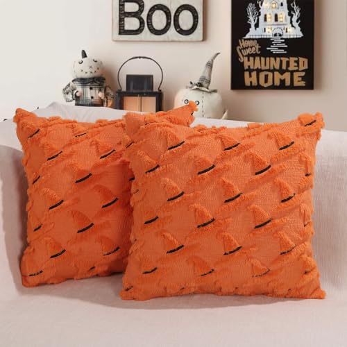 Halloween Orange Witch Hat Pillow Covers - Set of 2, 18x18"