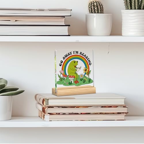 Go Away I'm Reading Funny Book Lover Acrylic Sign with Wooden Base - Office Desk Shelf Decor