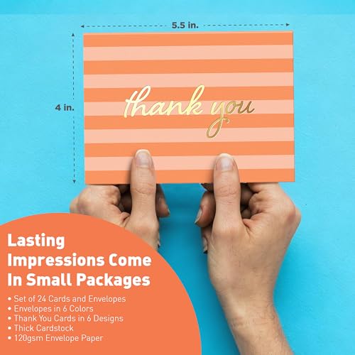 Coastal Stripes Thank You Cards Set - 24 Pack with Gold Foil