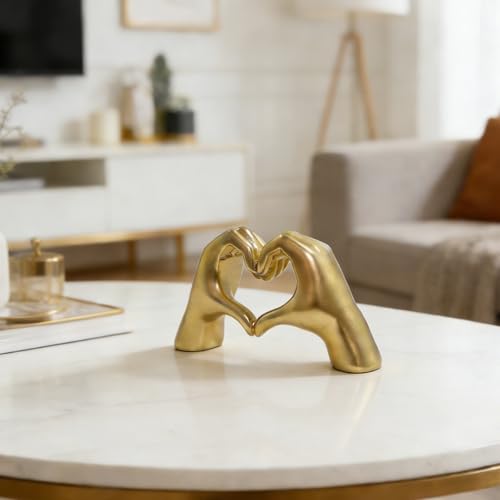 Heart Gesture Sculpture - Modern Gold Resin Hand Statue for Home Decor