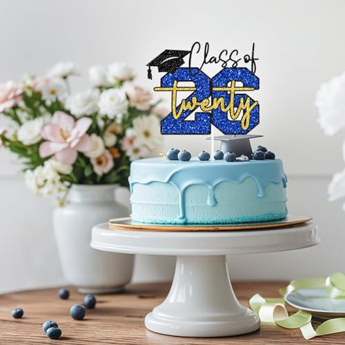 Class of 2026 Graduation Cake Topper - Blue & Gold Glitter