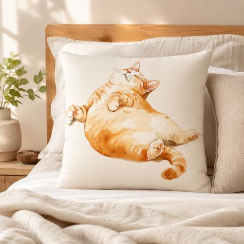 Chubby Orange Tabby Cat Pillow Cover 18x18 Inch - Soft Decor