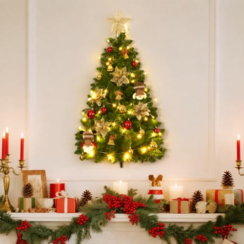 Dark Green 3FT Wall Christmas Tree Half Hanging with Lights & Ornaments - Pet Safe
