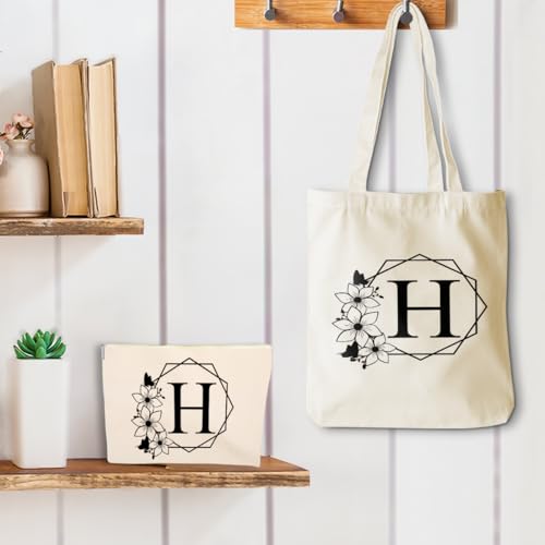 Initial Monogrammed Canvas Tote Bag with Cosmetic Bag Set