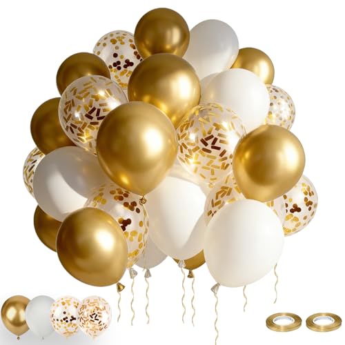 Gold and White Confetti Balloons - 50 Pack 12 Inch Set