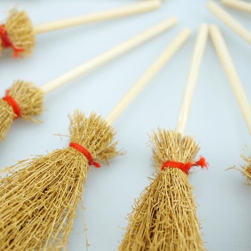 15 Mini Straw Brooms with Red Ropes - Halloween Party Decor